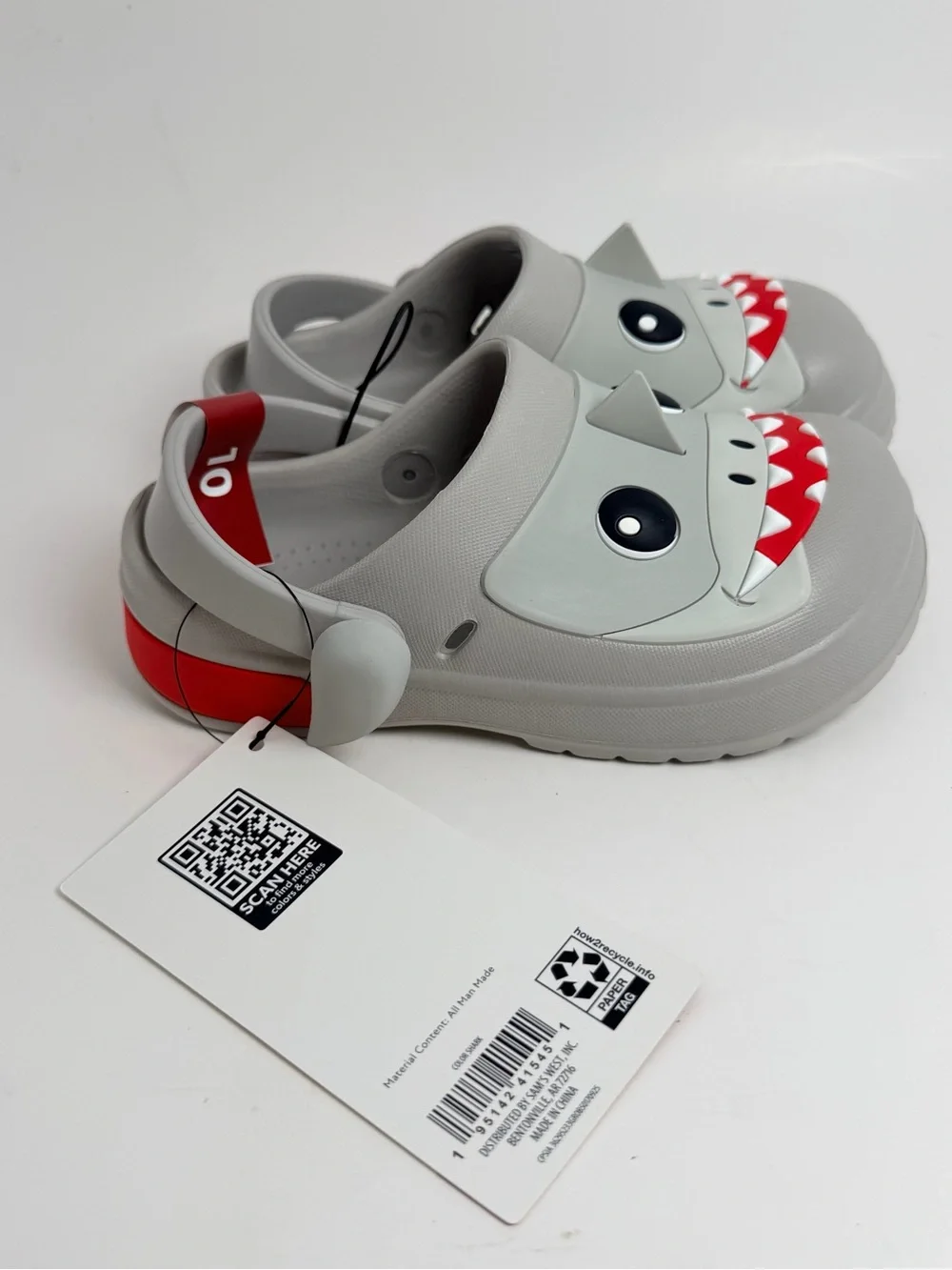 Kids Shark Clog Sandals in Light Gray with Red Accent